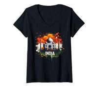 Femme Drapeau de l'Inde Taj Mahal éléphant Fête de l'indépendance T-Shirt avec Col en V