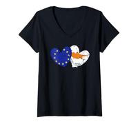 Femme Drapeau de l'Union européenne Chypre en Forme de cœur Double amitié chypriote T-Shirt avec Col en V