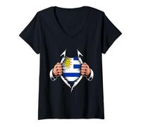 Femme Drapeau de l'Uruguay déchiré Graphique Racines de la fierté uruguayenne T-Shirt avec Col en V