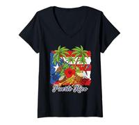 Femme Drapeau de Porto Rico Floral Grenouille Boricua Femmes Patrimoine Hispanique T-Shirt avec Col en V
