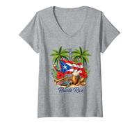 Femme Drapeau de Porto Rico Floral Grenouille Boricua Femmes Patrimoine Hispanique T-Shirt avec Col en V