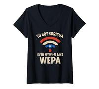 Femme Drapeau de Porto Rico Taino Wepa avec Inscription Humoristique Yo Soy Boricua T-Shirt avec Col en V