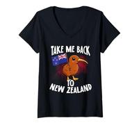 Femme Drapeau de Voyage Take Me Back to New Zealand Kiwi Bird T-Shirt avec Col en V
