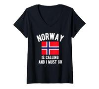 Femme Drapeau de Voyage Vintage Norway is Calling and I Must Go T-Shirt avec Col en V