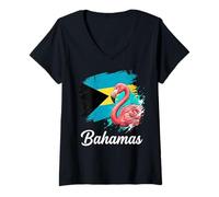 Femme Drapeau des Bahamas Vieilli Flamingo Island Travel T-Shirt avec Col en V