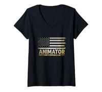 Femme Drapeau des États-Unis Animateur Dessin Dessin Croquis Animation Raconter des histoires T-Shirt avec Col en V