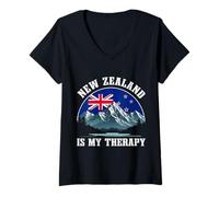 Femme Drapeau des Montagnes « New Zealand is My Therapy » T-Shirt avec Col en V