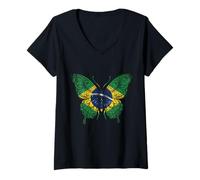 Femme Drapeau du Brésil Papillon Brésil Pride T-Shirt avec Col en V