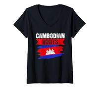 Femme Drapeau du Cambodge USA Couleurs Pride Heritage Khmer Pride T-Shirt avec Col en V