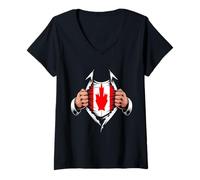Femme Drapeau du Canada déchiré avec Racines de la fierté canadienne T-Shirt avec Col en V
