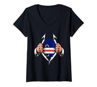 Femme Drapeau du Cap-Vert Graphique déchiré Fierté Cap-Verdienne T-Shirt avec Col en V