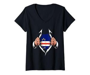Femme Drapeau du Cap-Vert Graphique déchiré Fierté Cap-Verdienne T-Shirt avec Col en V
