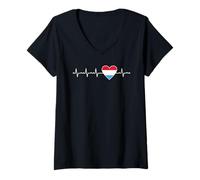 Femme Drapeau du Luxembourg Motif battements de cœur Fiers patrimoines luxembourgeois T-Shirt avec Col en V