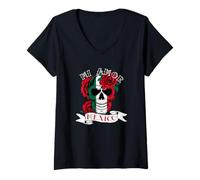Femme Drapeau du Mexique Jour de l'Indépendance Mexique Mi Amor Crâne Roses T-Shirt avec Col en V