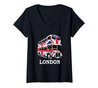 Femme Drapeau du Royaume-Uni à Deux étages Motif Bus Rouge Londres T-Shirt avec Col en V