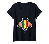 Femme Drapeau du Sénégal déchiré Graphique fierté sénégalaise T-Shirt avec Col en V