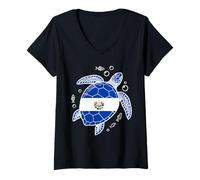 Femme Drapeau El Salvador Tortue de mer Poissons Bulles T-Shirt avec Col en V