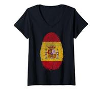 Femme Drapeau Espagne avec Empreinte Digitale « It is in My DNA » T-Shirt avec Col en V
