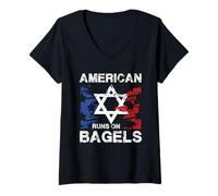 Femme Drapeau étoile juive américain Runs on Bagels T-Shirt avec Col en V
