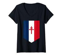 Femme Drapeau Français Croix de Lorraine Cadeau Patriote Français T-Shirt avec Col en V