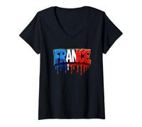 Femme Drapeau français, Drapeau français, Lettrage Patriotique, Drip France T-Shirt avec Col en V