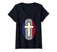 Femme Drapeau France Empreinte Digitale Croix chrétienne Patriotique T-Shirt avec Col en V