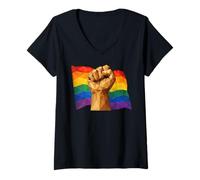 Femme Drapeau géométrique Arc-en-Ciel Fist Low Poly Empowerment T-Shirt avec Col en V