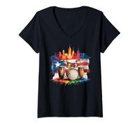 Femme Drapeau Horizon de Porto Rico pour Tambours et Congas Salsa T-Shirt avec Col en V