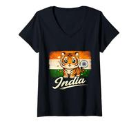 Femme Drapeau Indien Tigre Kawaii Indien Tigre du Bengale T-Shirt avec Col en V