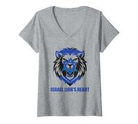 Femme Drapeau Israël en Forme de cœur du Lion - Étoile de David - Patriotisme juif T-Shirt avec Col en V