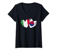 Femme Drapeau Italien coréen en Forme de cœur avec Double Drapeau Italien T-Shirt avec Col en V