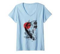 Femme Drapeau Japonais Poisson Koi Haiku Art Ukiyo-e Sumi-e Japon T-Shirt avec Col en V