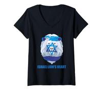 Femme Drapeau juif en Forme de cœur du Lion d'Israël et étoile de David T-Shirt avec Col en V