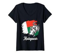Femme Drapeau lémurien à Queue annelée Madagascar T-Shirt avec Col en V