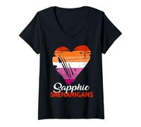 Femme Drapeau lesbien drôle avec Dicton saphique Shenanigans lesbien T-Shirt avec Col en V