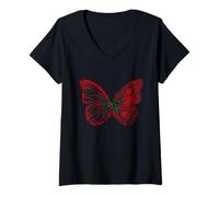 Femme Drapeau Maroc Papillon Racines Marocain Drapeau Maroc T-Shirt avec Col en V