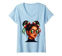 Femme Drapeau Mexicain Afro Noir Femme Mexicaine Drapeau Fille désordonnée Chignon fierté T-Shirt avec Col en V