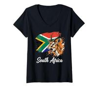 Femme Drapeau National de l'Afrique du Sud avec Antilope Springbok T-Shirt avec Col en V