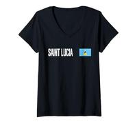 Femme Drapeau National Sainte-Lucie rétro Vieilli Patriotique T-Shirt avec Col en V