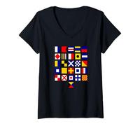 Femme Drapeau Nautique Alphabet International Maritime Signal Drapeaux T-Shirt avec Col en V