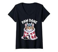 Femme Drapeau Nordique Viking Motif Patte de Chat Danois - Viking Kawaii T-Shirt avec Col en V