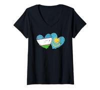 Femme Drapeau Ouzbékistan Kazakhstan Cœur Ouzbek Kazakh Amitié T-Shirt avec Col en V