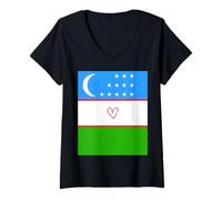 Femme Drapeau Ouzbékistan Ouzbek Cœur Fier Patrimoine fête Nationale T-Shirt avec Col en V