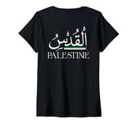 Femme Drapeau palestinien calligraphie au dos Al Quds T-Shirt avec Col en V