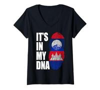 Femme Drapeau Patrimoine du Lao et du Cambodge Mix DNA T-Shirt avec Col en V