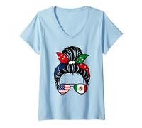 Femme Drapeau patriotique des États-Unis Mexique Messy Bun Girl American Mexicain T-Shirt avec Col en V