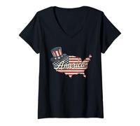Femme Drapeau Patriotique Uncle Sam Carte de l'Amérique USA T-Shirt avec Col en V