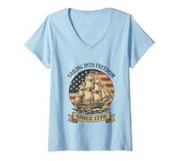 Femme Drapeau patriotique vintage des États-Unis Sailing into Freedom Since 1776 T-Shirt avec Col en V