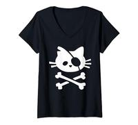 Femme Drapeau pirate chat mignon T-Shirt avec Col en V