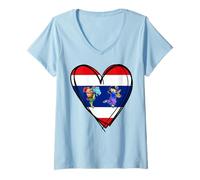Femme Drapeau « Proud to Be Thai Pride I Love Thailand » avec imprimé cœur T-Shirt avec Col en V